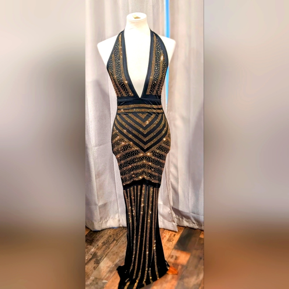 Black & Gold Deep V neck Halter floor length beaded dress  size Small